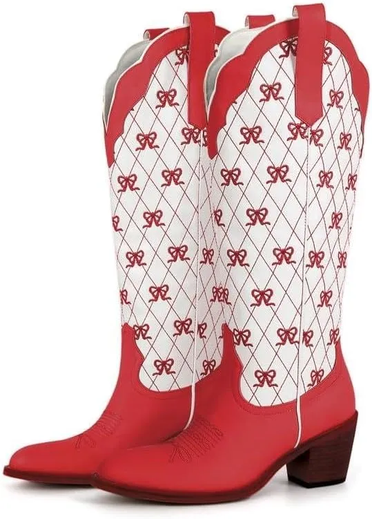 Huntarry Heart Boots for Women Red Cowboy Boots Embroidered Inlay Heart Knee High Round Toe Boots Chunky Heel Cowgirl Boots Valentines Day Boots