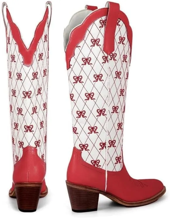 Huntarry Heart Boots for Women Red Cowboy Boots Embroidered Inlay Heart Knee High Round Toe Boots Chunky Heel Cowgirl Boots Valentines Day Boots