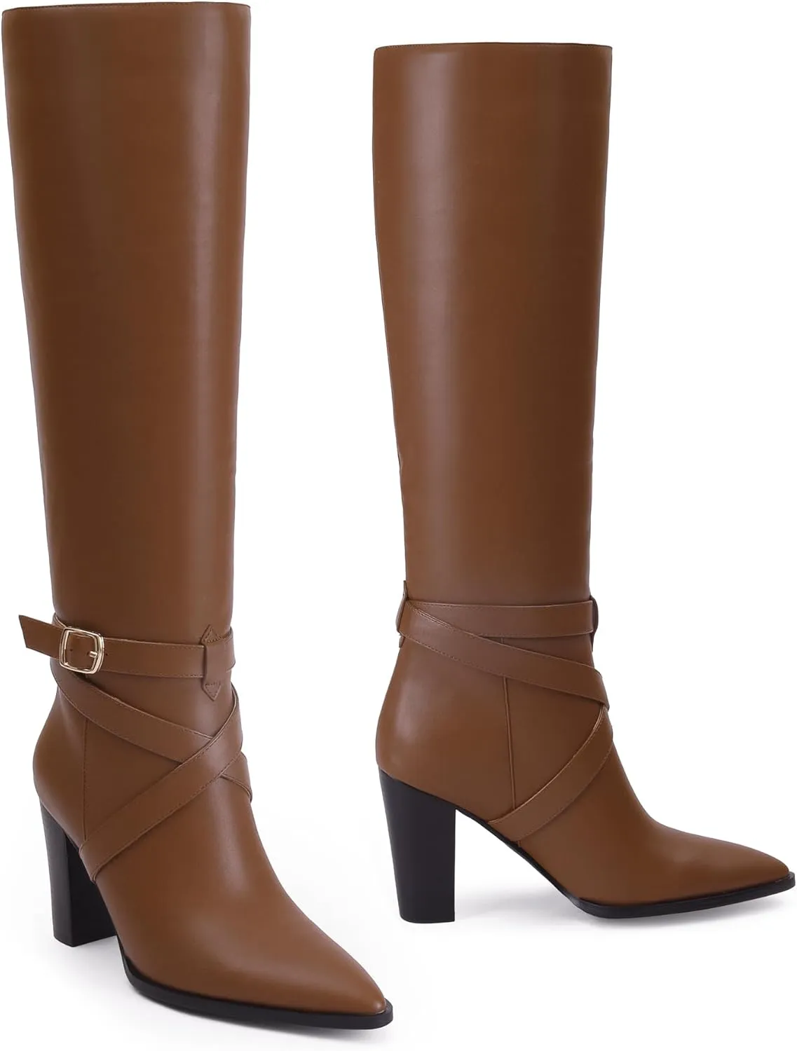 iiimmu Knee High Boots 3.5 IN Chunky Heel Comfortable Fall Boots for Women Strap Design Almond Toe Faux Leather Tall Boots