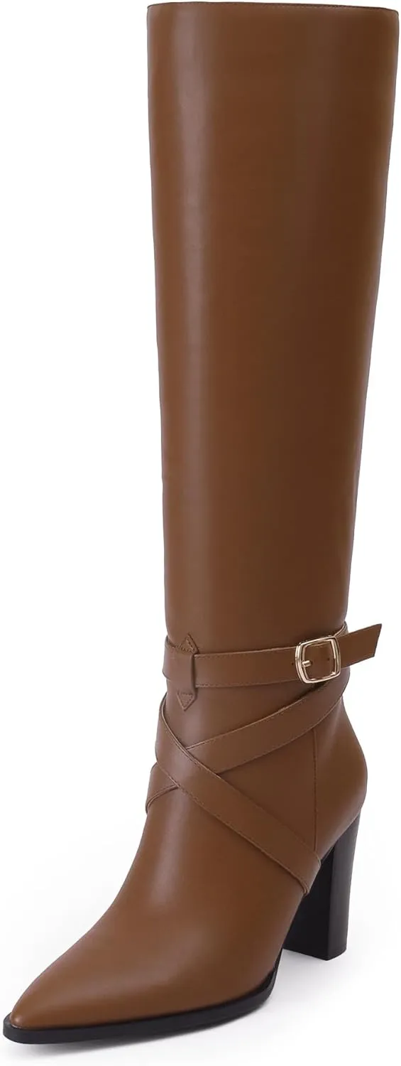 iiimmu Knee High Boots 3.5 IN Chunky Heel Comfortable Fall Boots for Women Strap Design Almond Toe Faux Leather Tall Boots
