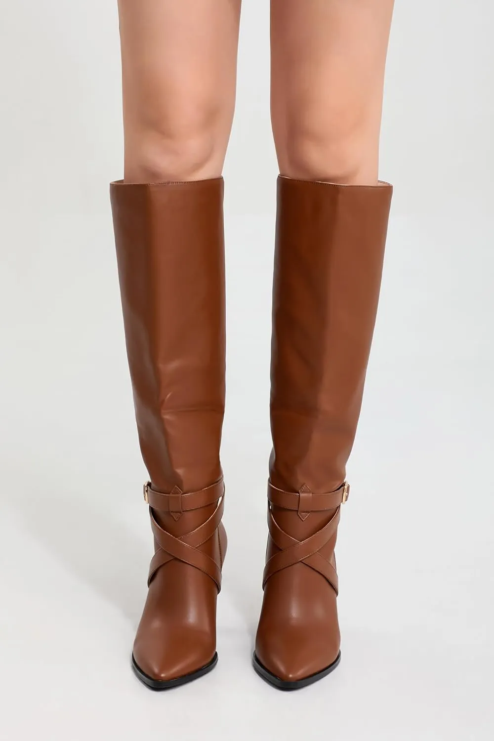 iiimmu Knee High Boots 3.5 IN Chunky Heel Comfortable Fall Boots for Women Strap Design Almond Toe Faux Leather Tall Boots