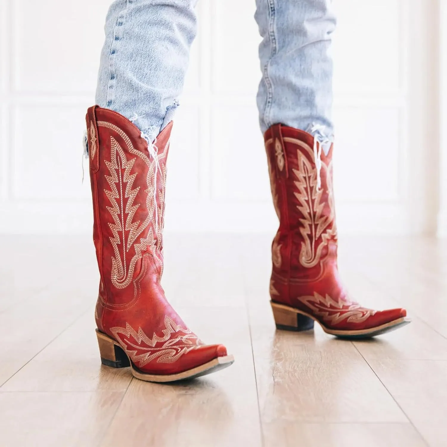 JORISTIMO Women's Cowboy with Embroidered Stitch,Knee High Boots, Classic Snip Toe Traditional Western Knee Bootie