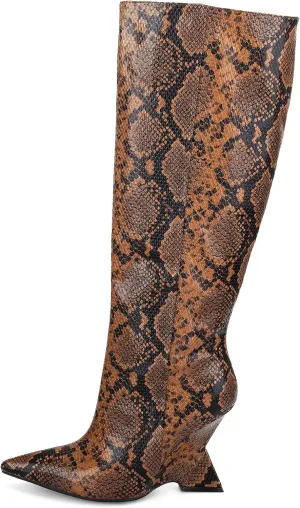 Kluolandi Womens Snake Print Knee High Boots Sexy Pointed Toe Pull On Strange Wedge Heel Tall Boots for Women