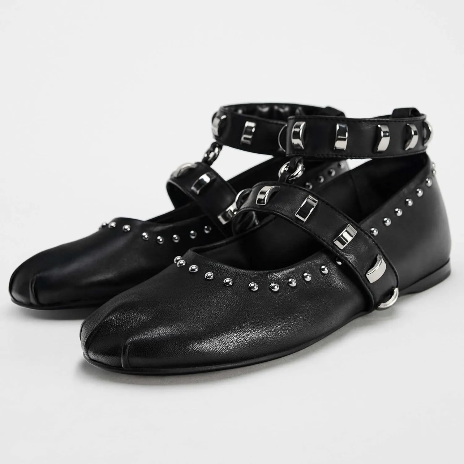 Kluolandi Women's Studded Flats with Strap Round Toe Ankle Strap Ballet Flats Shoes for Women Ballerinas