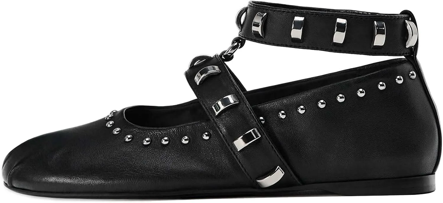 Kluolandi Women's Studded Flats with Strap Round Toe Ankle Strap Ballet Flats Shoes for Women Ballerinas