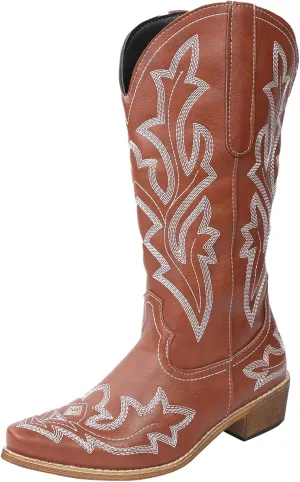 Knee High Cowboy Boots Women Women Cowgirl Boots Fashion Mid Half Pull on Chunky Heels Pointy Toe Embroidered Boots