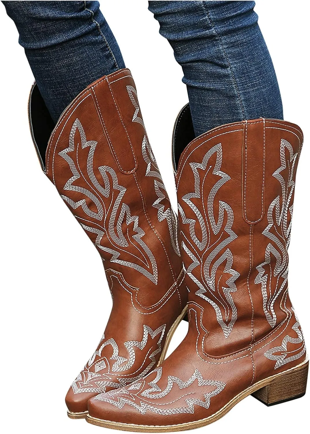 Knee High Cowboy Boots Women Women Cowgirl Boots Fashion Mid Half Pull on Chunky Heels Pointy Toe Embroidered Boots