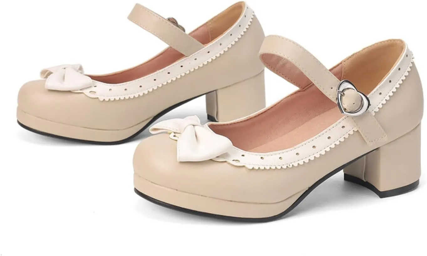 Ladies Retro Single Shoes Chunky Heel Mary Jane Shoes Bowknot College Style Large Size Square Wide Width Womens Sandals