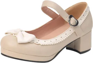 Ladies Retro Single Shoes Chunky Heel Mary Jane Shoes Bowknot College Style Large Size Square Wide Width Womens Sandals