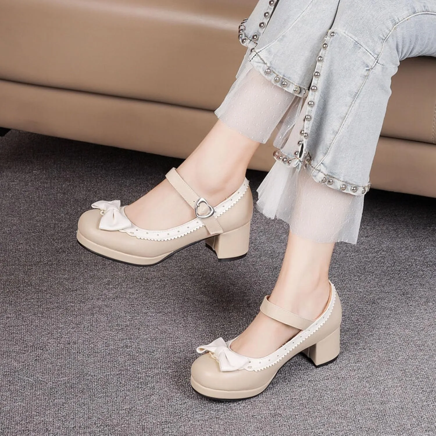 Ladies Retro Single Shoes Chunky Heel Mary Jane Shoes Bowknot College Style Large Size Square Wide Width Womens Sandals