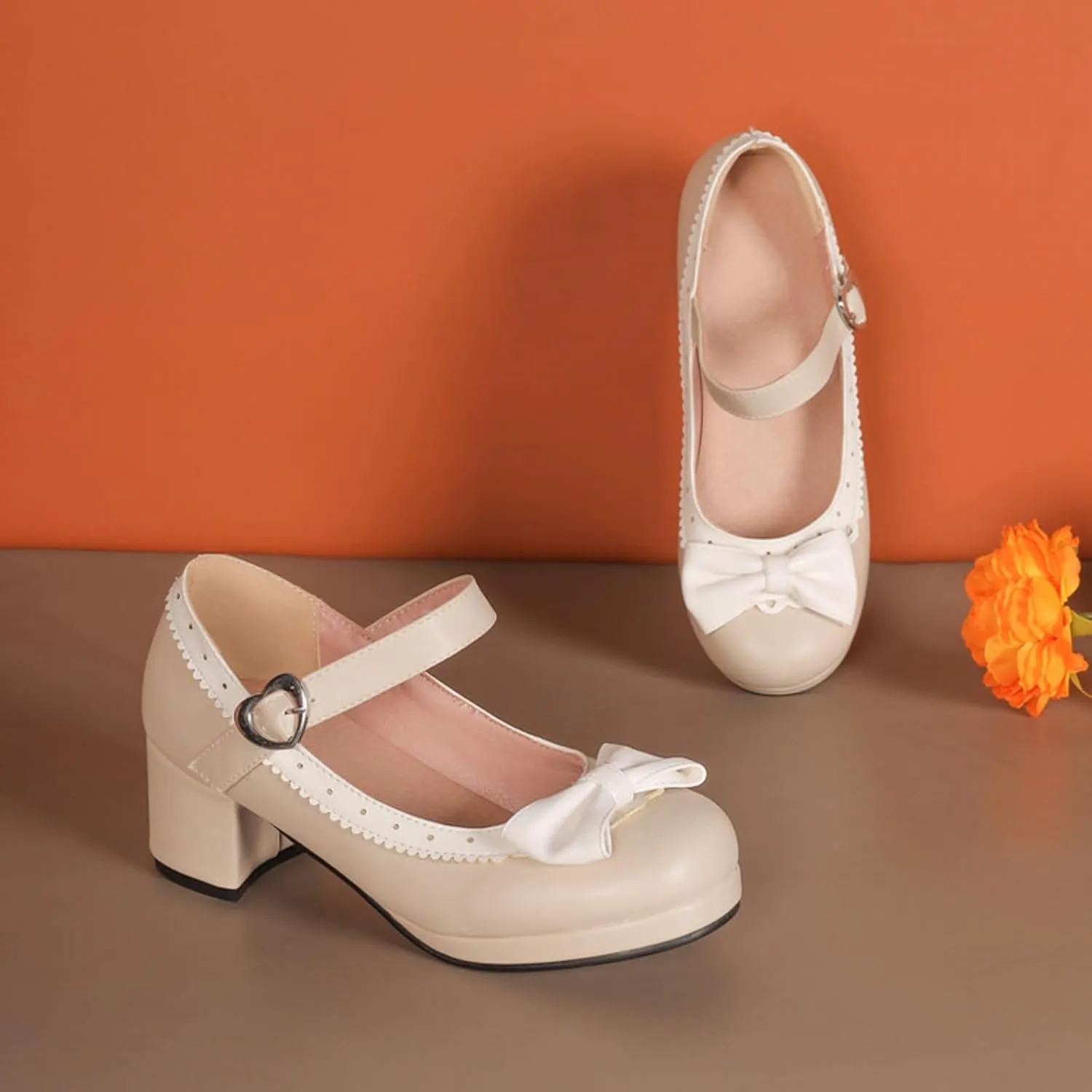 Ladies Retro Single Shoes Chunky Heel Mary Jane Shoes Bowknot College Style Large Size Square Wide Width Womens Sandals