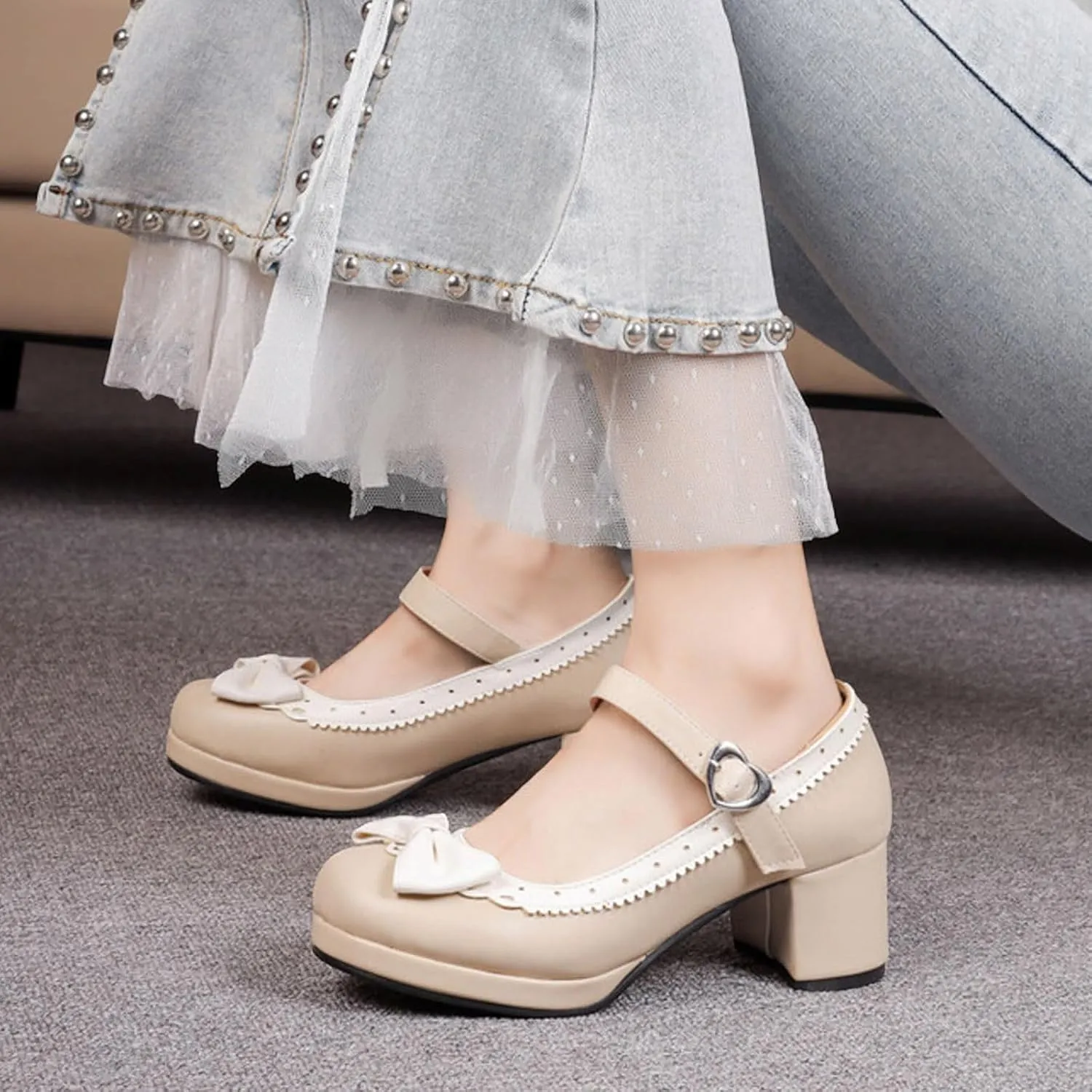 Ladies Retro Single Shoes Chunky Heel Mary Jane Shoes Bowknot College Style Large Size Square Wide Width Womens Sandals