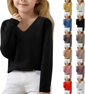 Lightweight Sweaters for Girls Cute v Neck Soft Knit Pullovers Teens Casual Loose Spring Long Sleeve Tops 6-15 Years