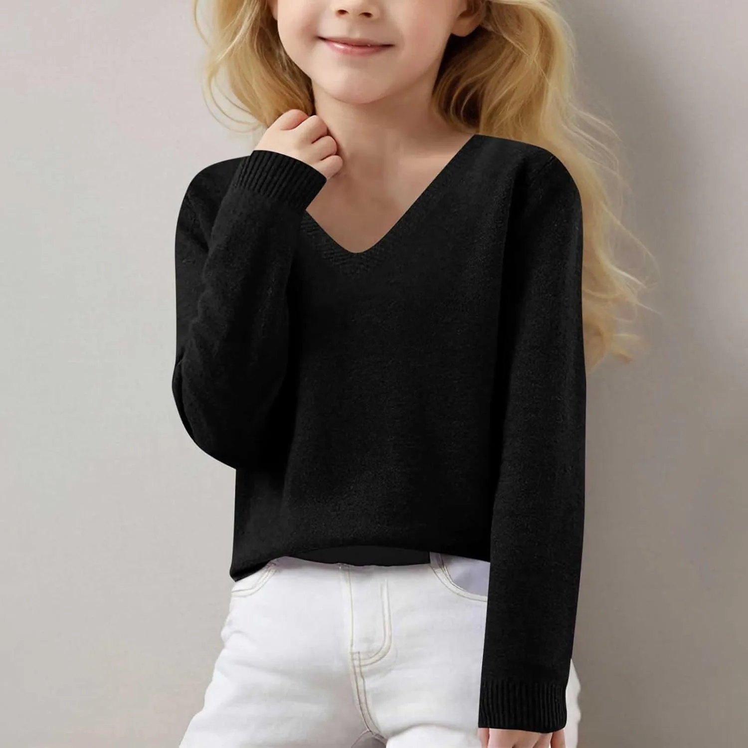 Lightweight Sweaters for Girls Cute v Neck Soft Knit Pullovers Teens Casual Loose Spring Long Sleeve Tops 6-15 Years