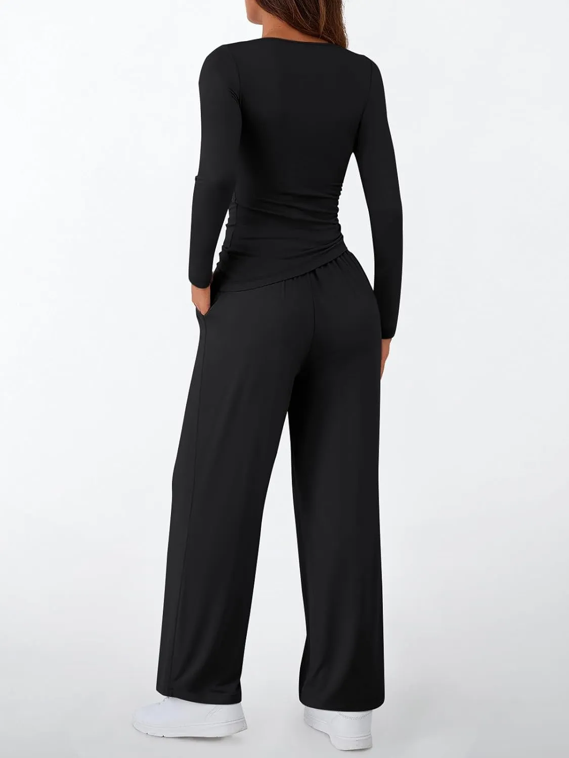 LILLUSORY Womens Boat Neck Long Sleeve Side Ruching Asymmetric Hem Top Wide Leg Pants Sets 2 Piece Matching Tracksuits