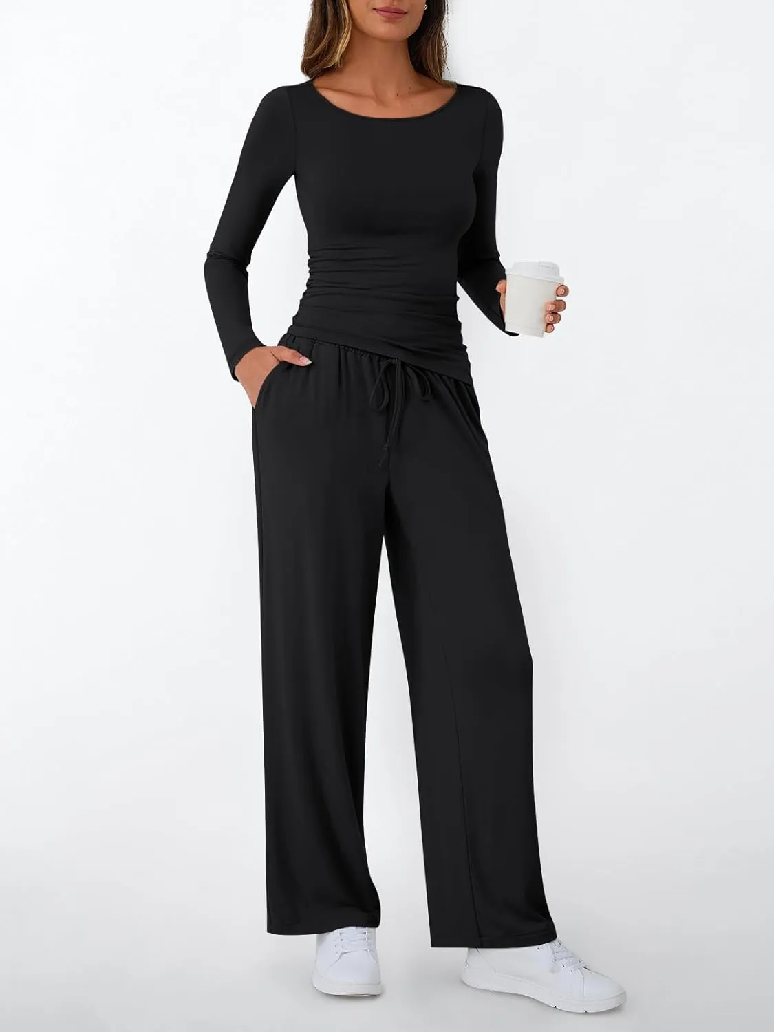 LILLUSORY Womens Boat Neck Long Sleeve Side Ruching Asymmetric Hem Top Wide Leg Pants Sets 2 Piece Matching Tracksuits