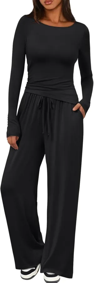 LILLUSORY Womens Boat Neck Long Sleeve Side Ruching Asymmetric Hem Top Wide Leg Pants Sets 2 Piece Matching Tracksuits