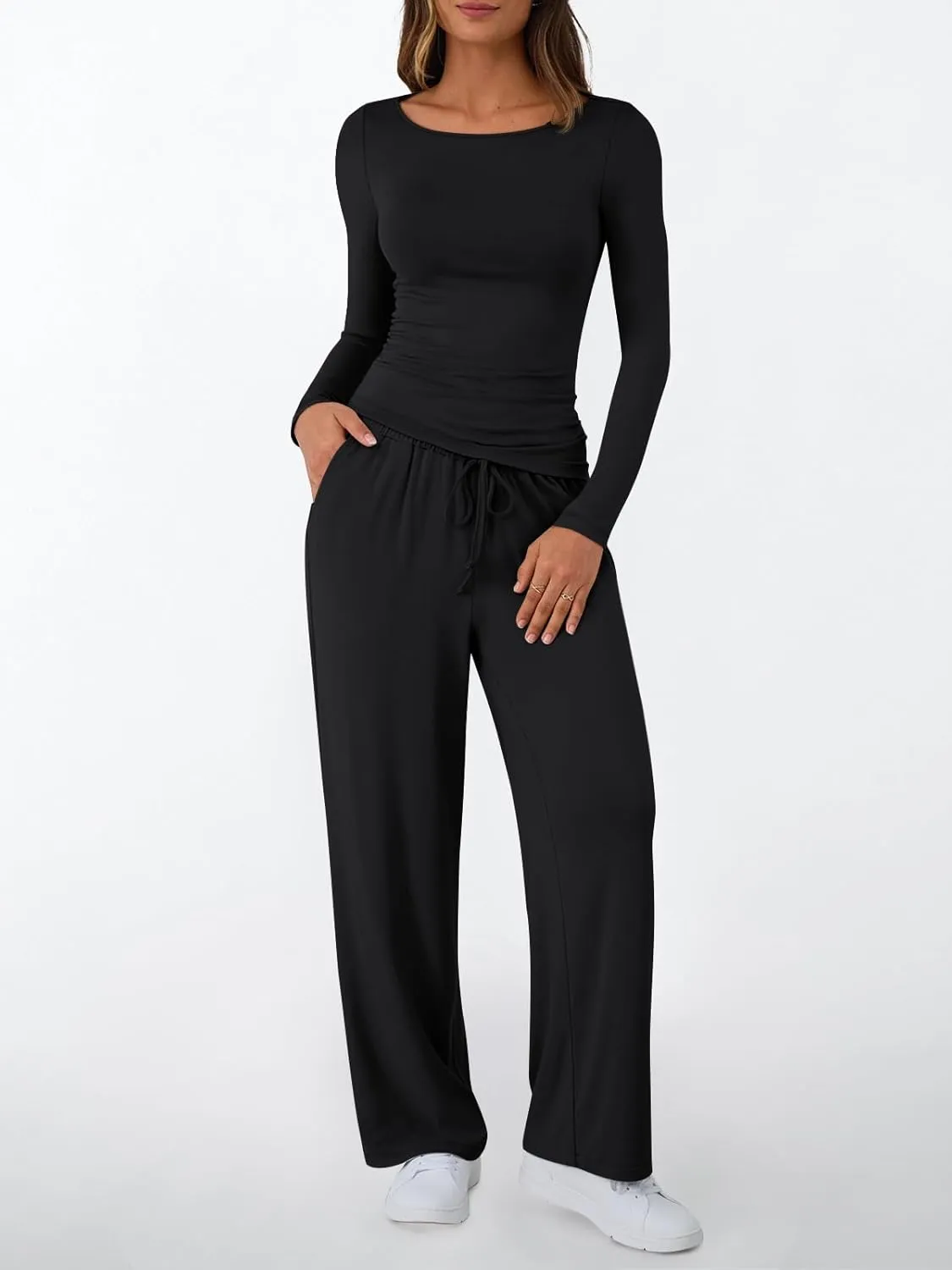 LILLUSORY Womens Boat Neck Long Sleeve Side Ruching Asymmetric Hem Top Wide Leg Pants Sets 2 Piece Matching Tracksuits
