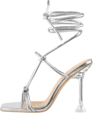 LISHAN Women's Square Open Toe High Heel Lace Up Sandals