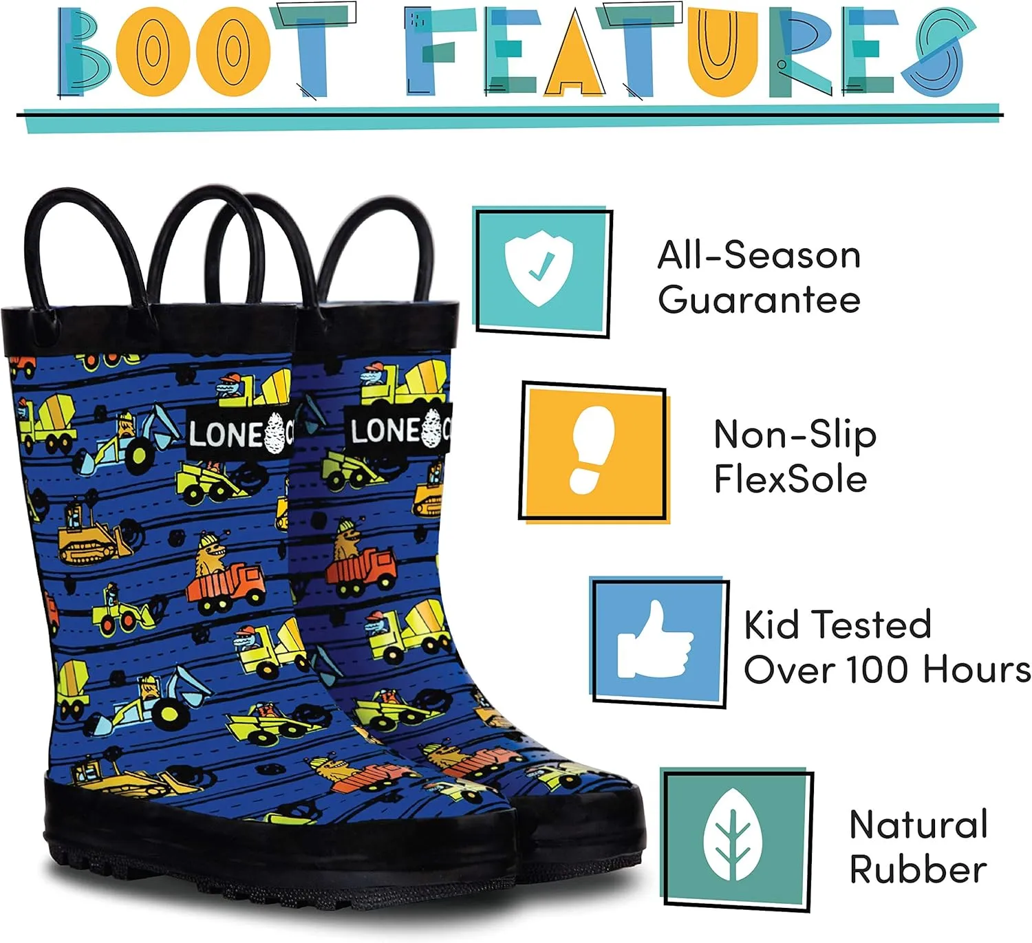 Lone Cone Kids Rain Boots for Girls & Boys – Waterproof Natural Rubber Toddler Rain Boots with Non-Slip Outsole & Easy Pull Handles – Solid, Pattern & Glitter Designs