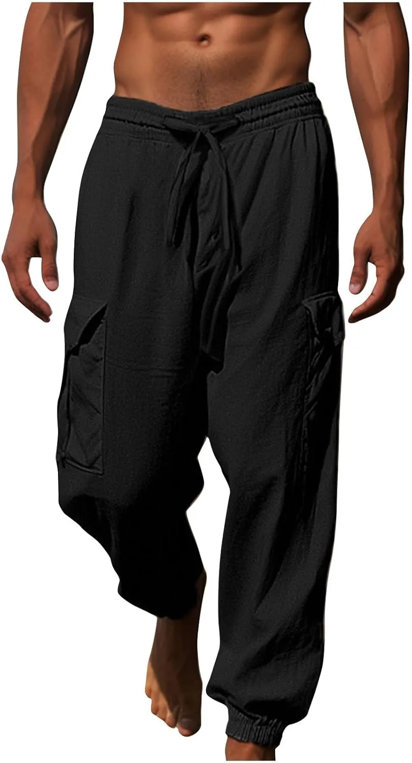 Mens Casual Pants Fall Solid Simple Drawstring Pants Lightweight Baggy Hiking Workout Sweatpants with Multi Pockets