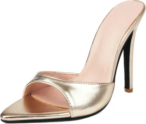 Metallic Slip On Heels for Women Pointed Toe Stiletto High Heel Mules Open Peep Toe Sexy Dress Heeled Sandals