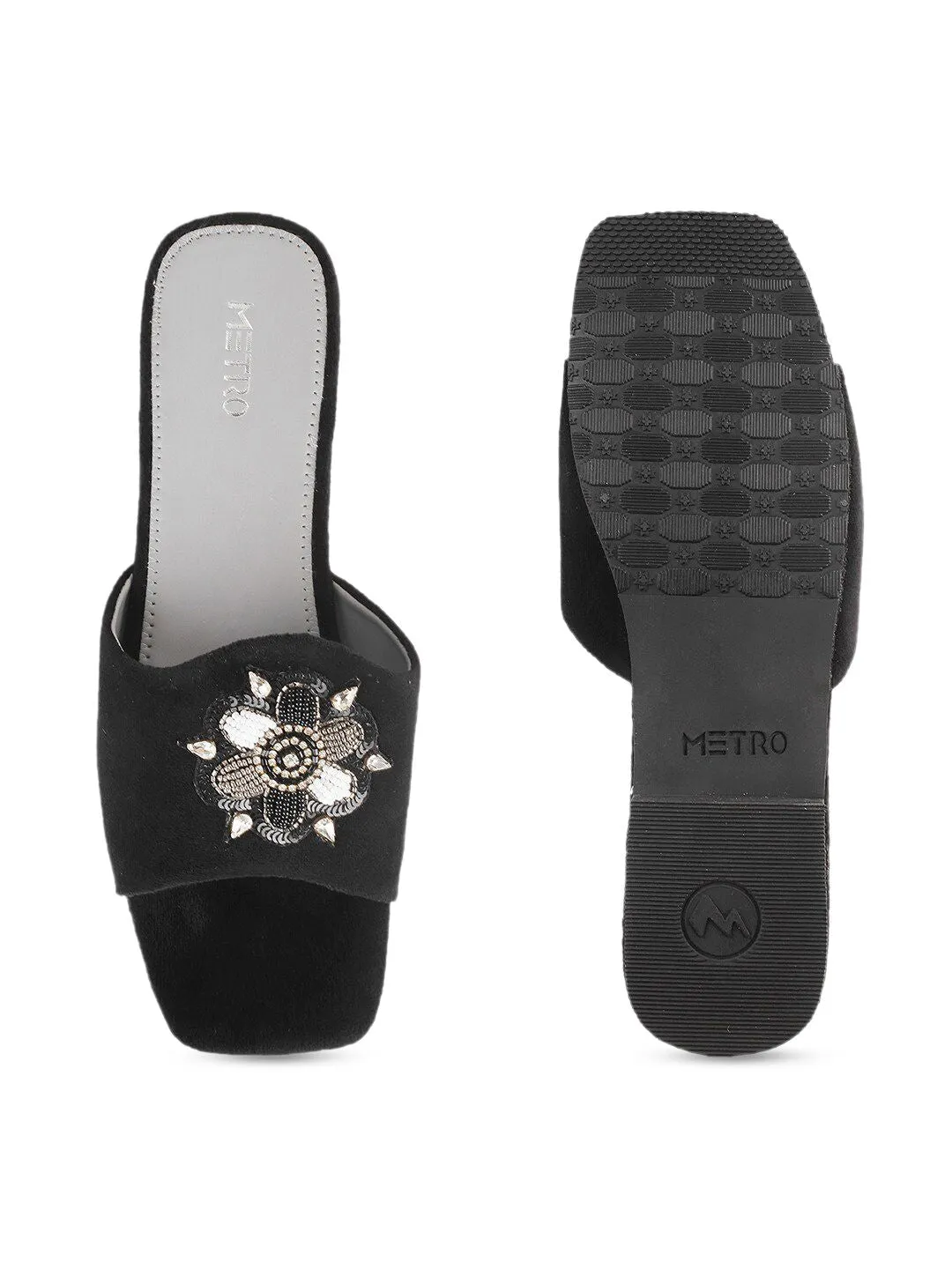 Metro Women Black Embellished Open Toe Flats