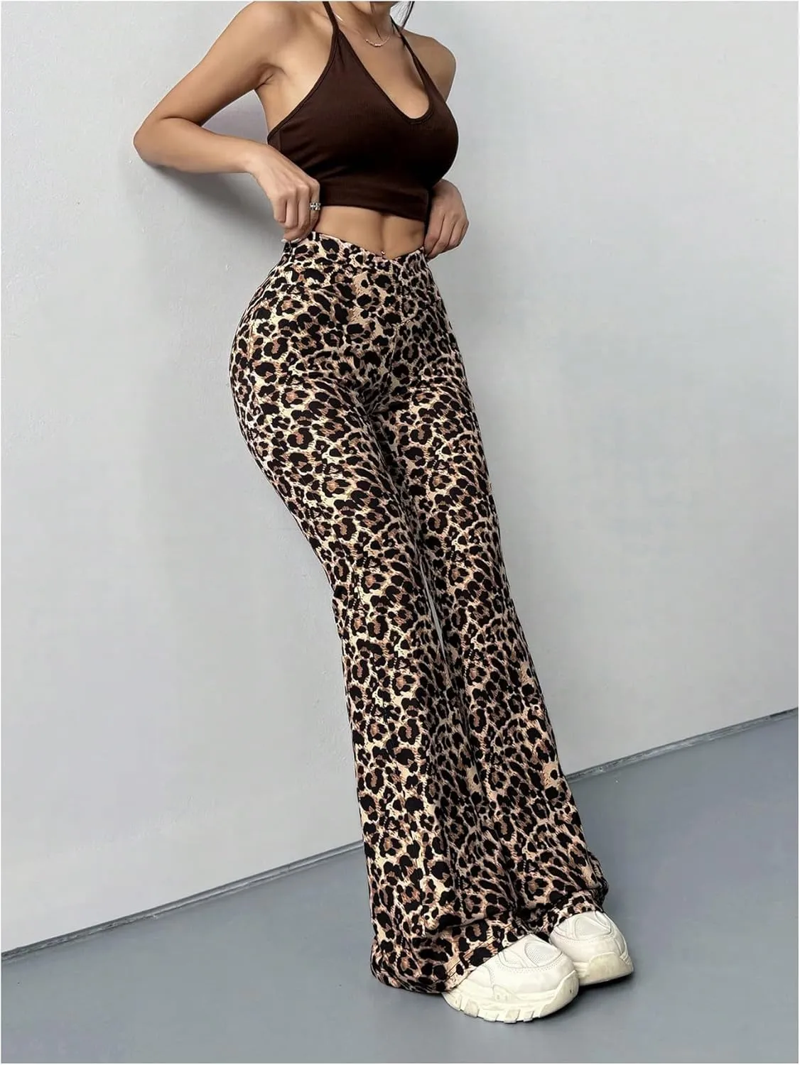 Milumia Women's Leopard Print Crossover Flare Wide Leg Pants High Waisted Bootcut Leggings Pants
