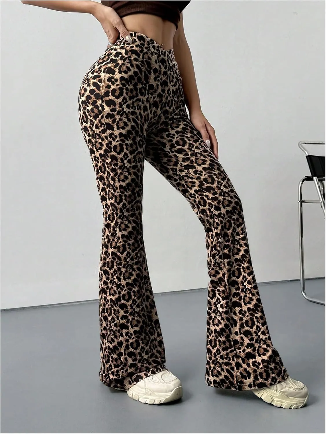 Milumia Women's Leopard Print Crossover Flare Wide Leg Pants High Waisted Bootcut Leggings Pants