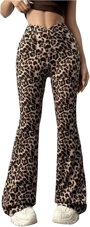 Milumia Women's Leopard Print Crossover Flare Wide Leg Pants High Waisted Bootcut Leggings Pants