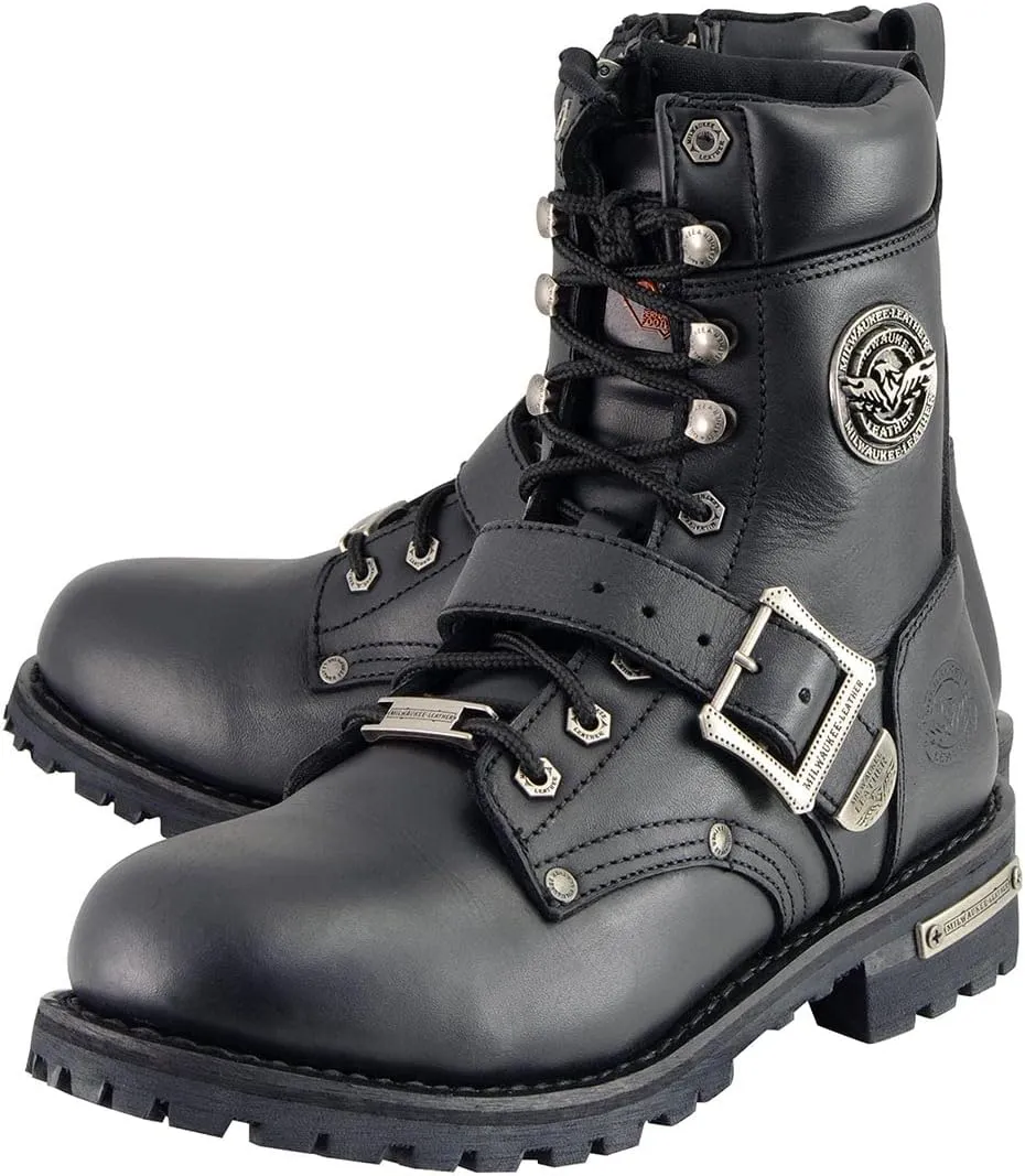 Milwaukee Leather Men's Black Leather Lace-Up Engineer Motorcycle Boots w/Buckles and Side Zipper MBM101-8