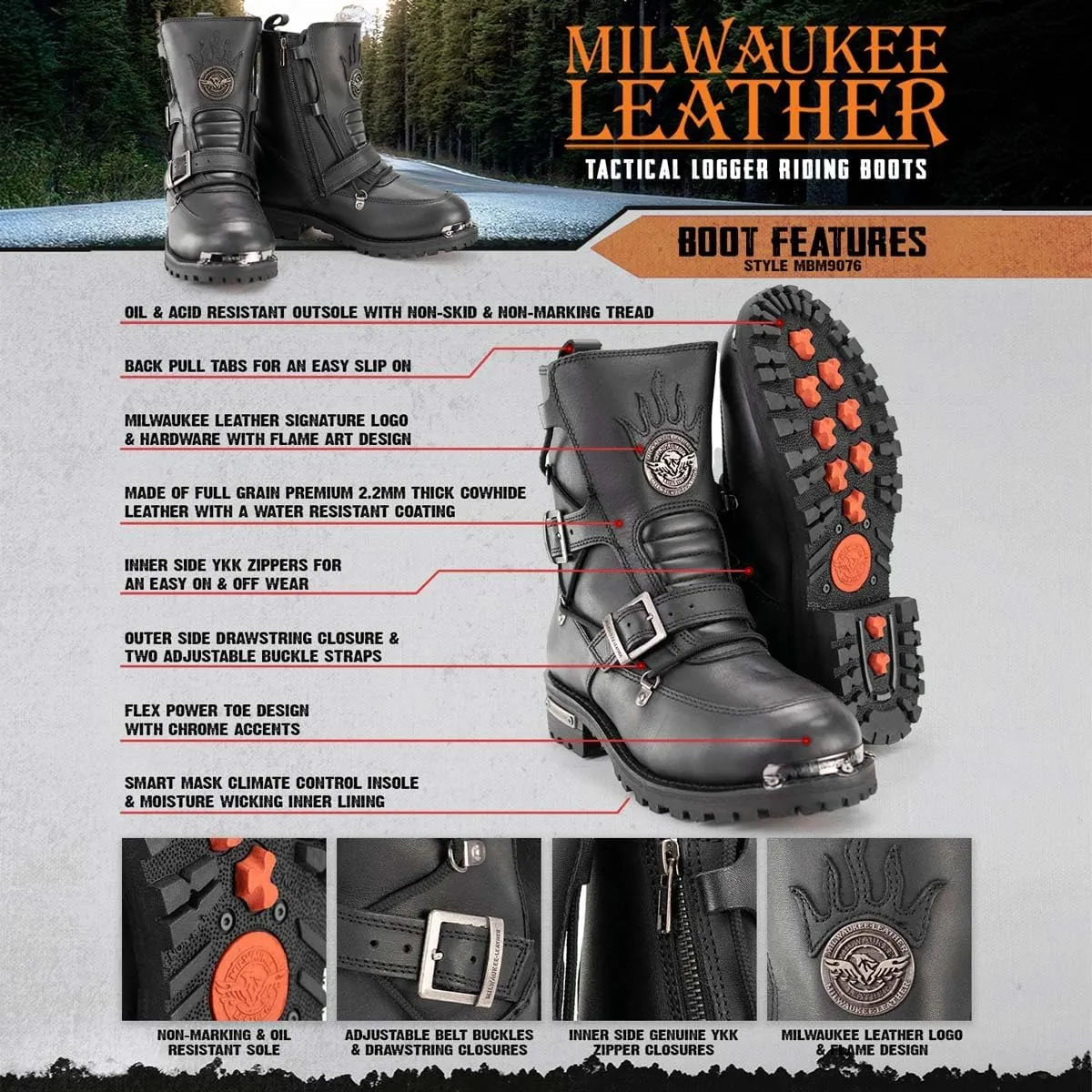 Milwaukee Leather Men's Black Smooth Plain Motorcycle Leather Boots - 11