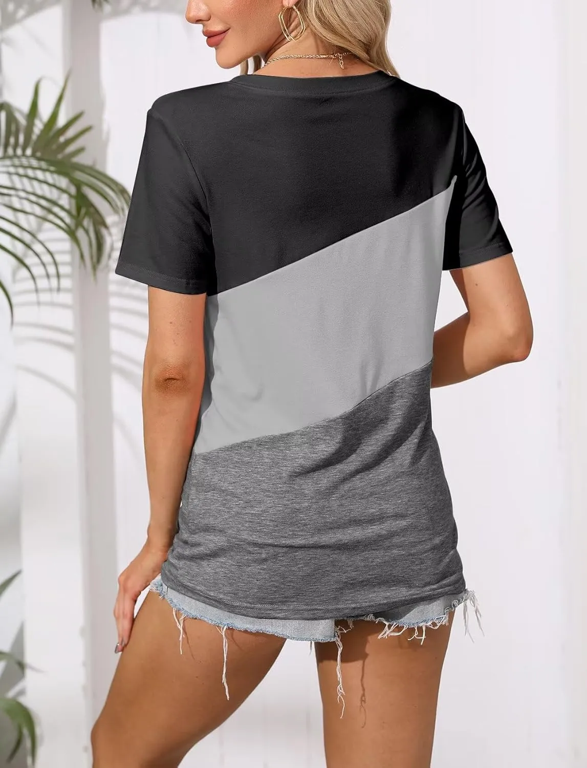 Minetom Women's T Shirts Short Sleeve Color Block/Solid Tops Casual Summer Tees