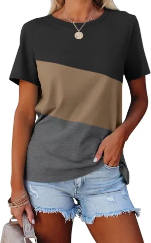 Minetom Women's T Shirts Short Sleeve Color Block/Solid Tops Casual Summer Tees