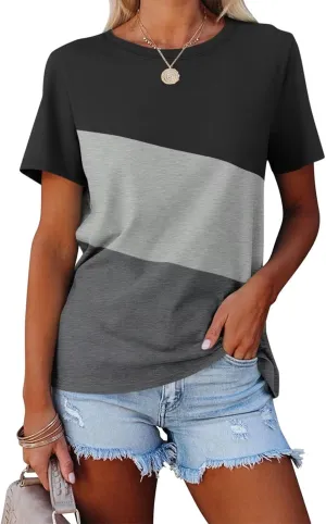Minetom Women's T Shirts Short Sleeve Color Block/Solid Tops Casual Summer Tees