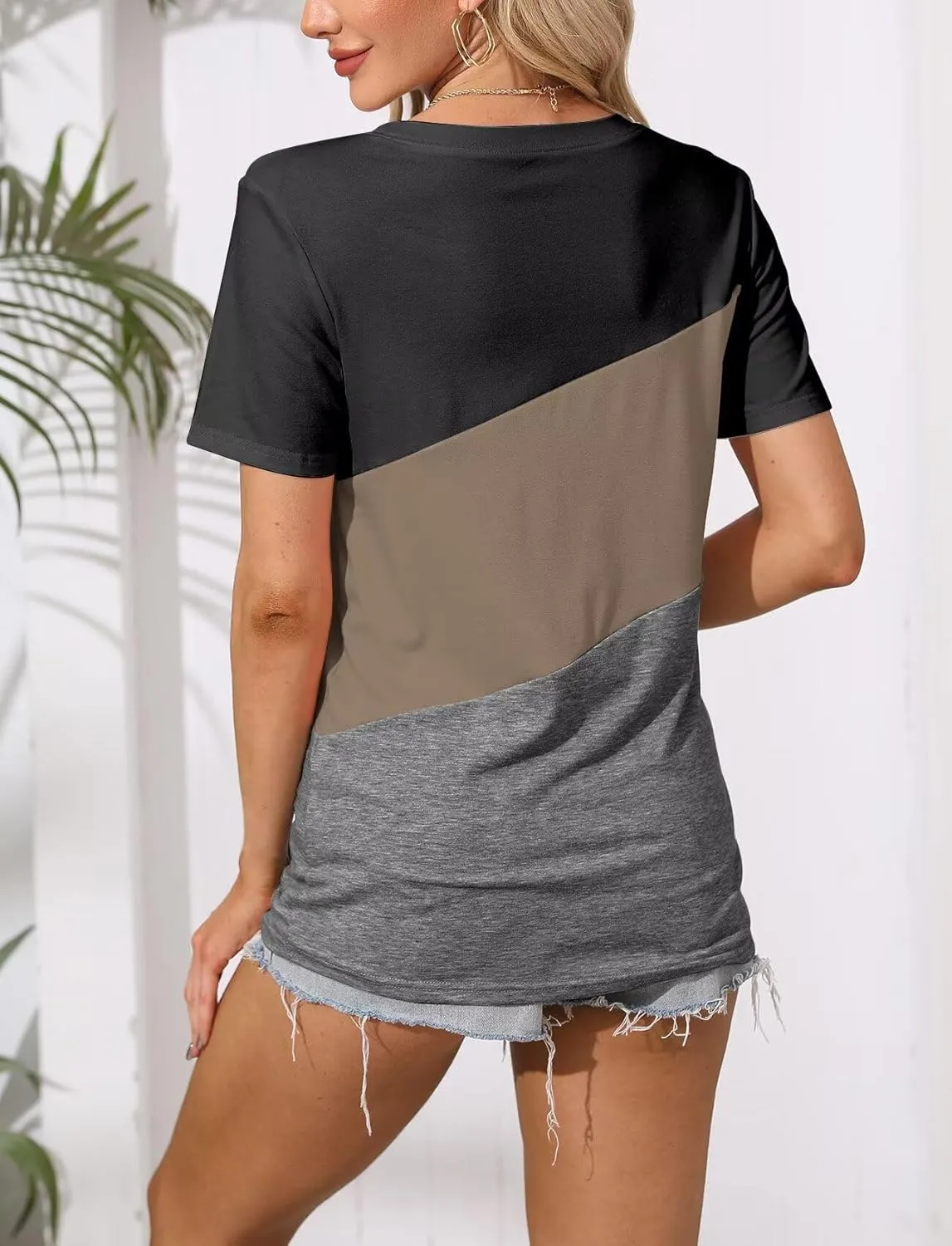 Minetom Women's T Shirts Short Sleeve Color Block/Solid Tops Casual Summer Tees