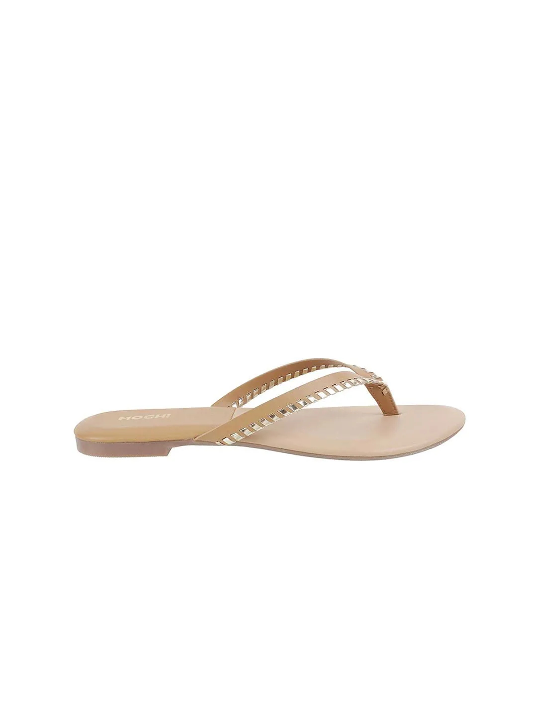 Mochi Women Beige Embellished Open Toe Flats