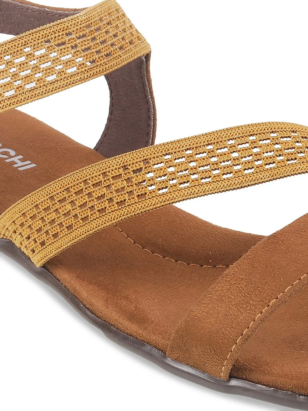 Mochi Women Brown Textured Open Toe Flats