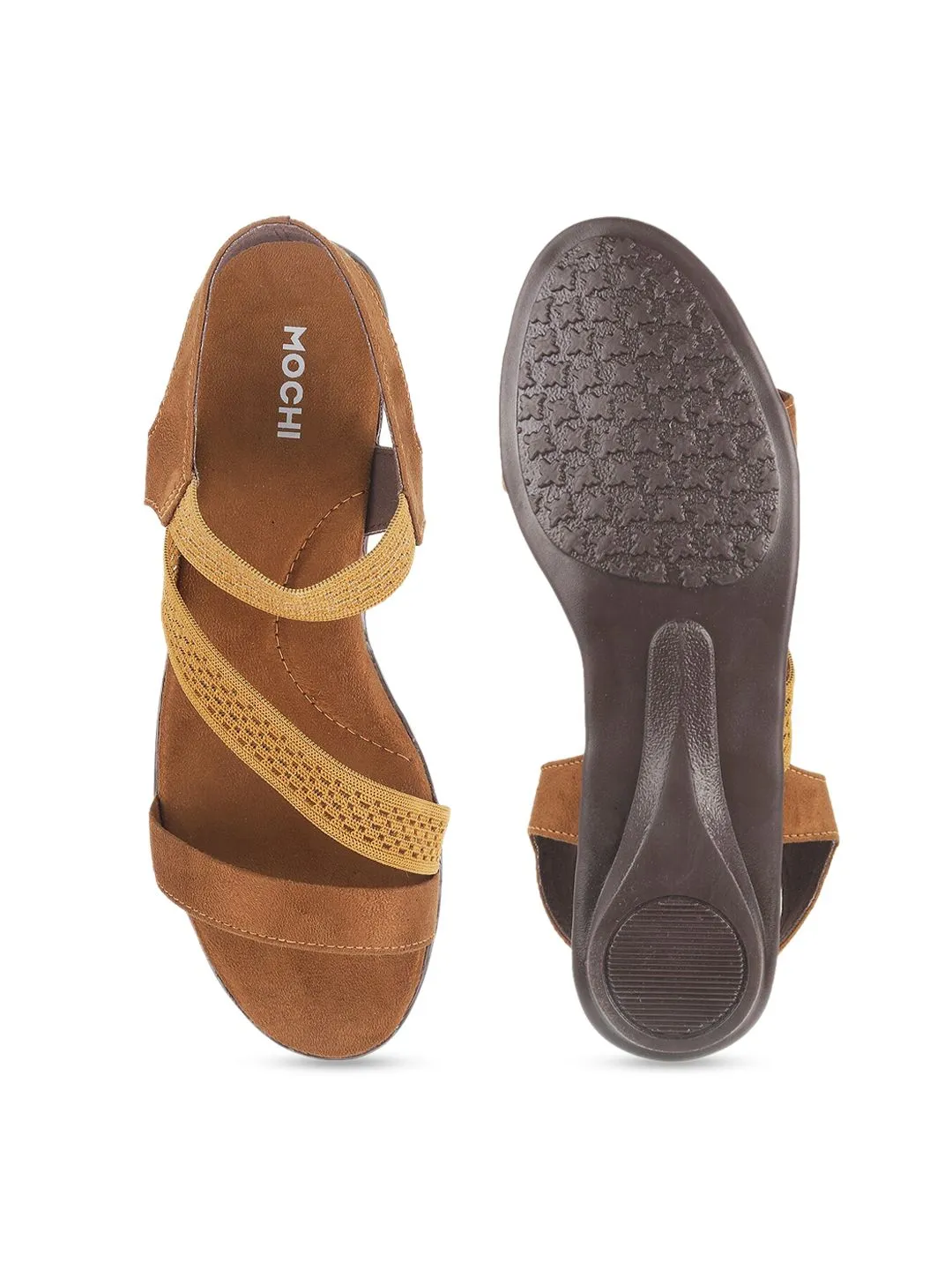 Mochi Women Brown Textured Open Toe Flats