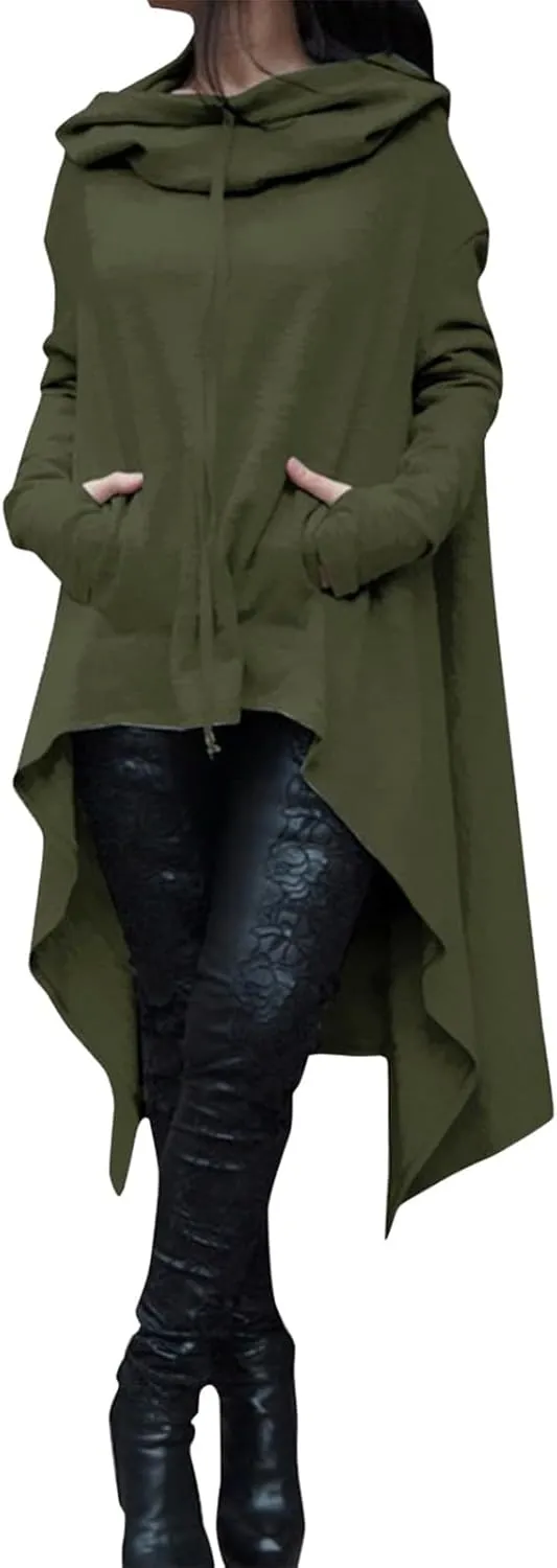 Muyise Womens Asymmetric Hem Long Sleeve Loose Casual Hoodies Sweatshirts Tunic Tops Cowl Neck High Low Cloak with Pockets