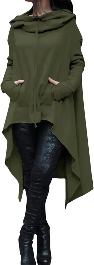 Muyise Womens Asymmetric Hem Long Sleeve Loose Casual Hoodies Sweatshirts Tunic Tops Cowl Neck High Low Cloak with Pockets