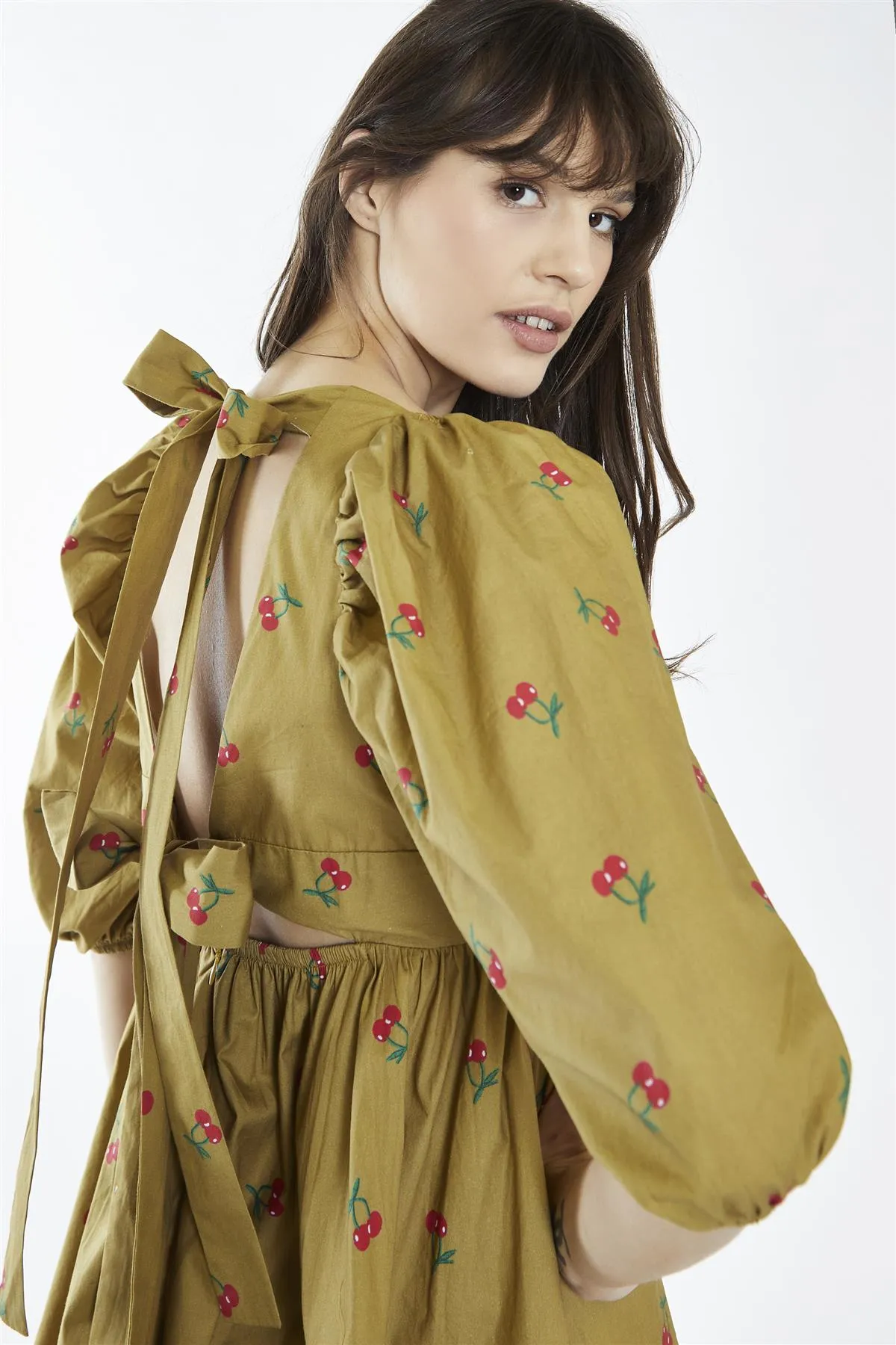 Oliver-Cherry Print Square-Neck Mini-Dress