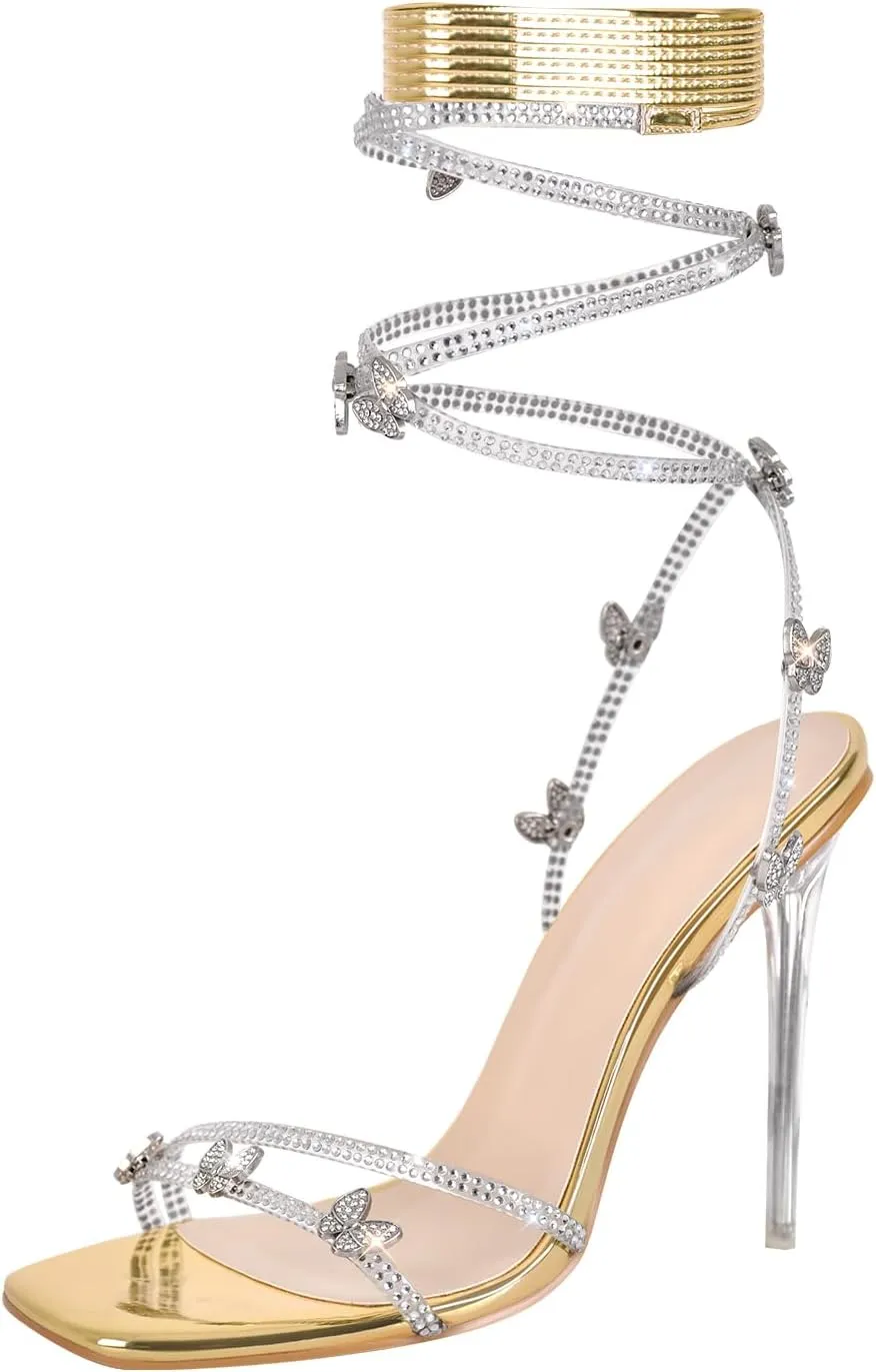 Onlymaker Women's Lace up Glitter High Heel Sandals Stiletto Heel Open Toe Rhinestone Lace up Butterfly Elegant Party Sandals Golden Size 7