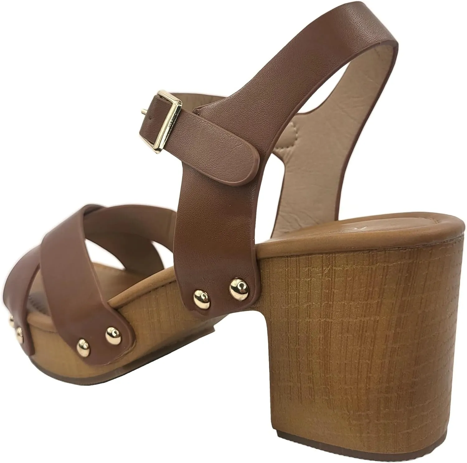 Open Toe Cross Strap Faux Wood Block Heel Sandal
