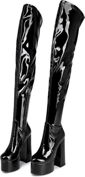 Over the Knee Platform Boot - Metallic Boot for Women Round Toe Chunky Heel Sequin Leather Thigh High Boot