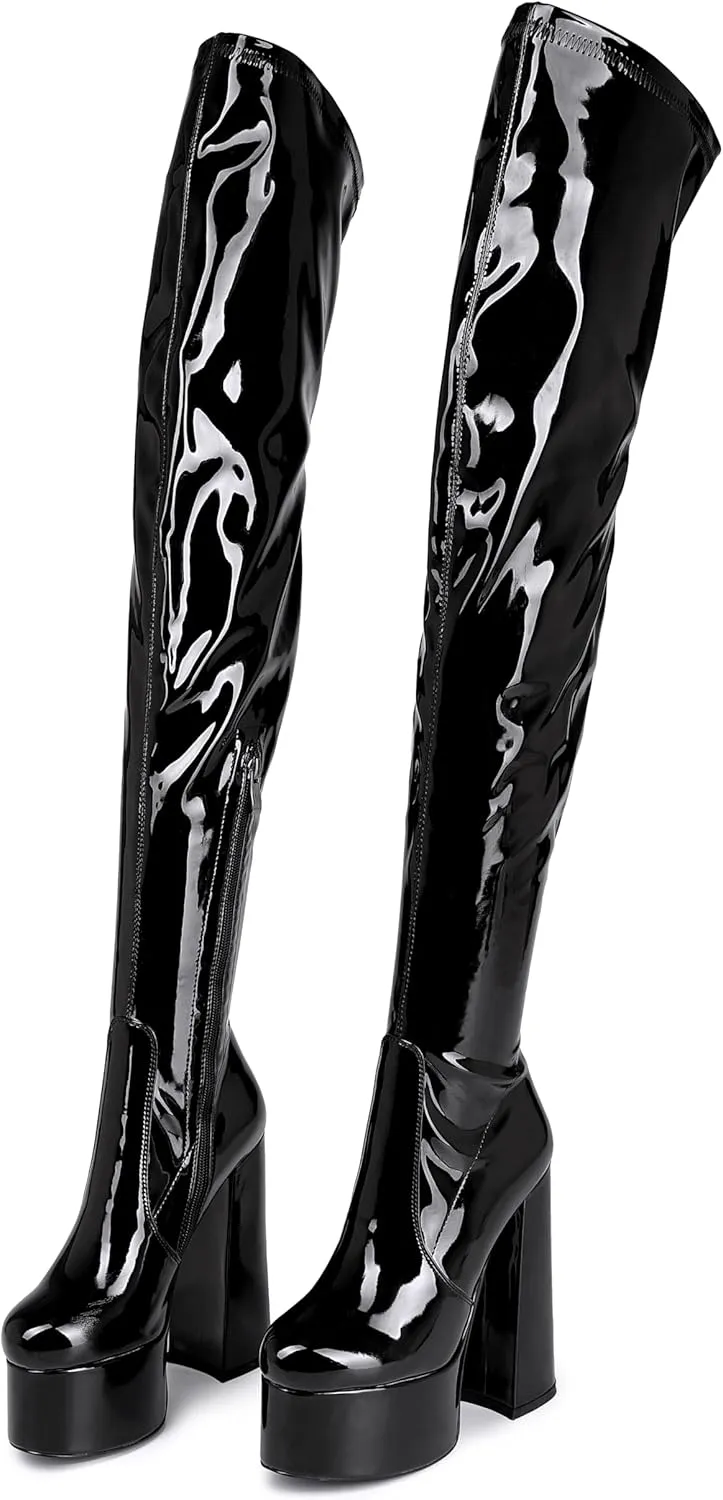 Over the Knee Platform Boot - Metallic Boot for Women Round Toe Chunky Heel Sequin Leather Thigh High Boot