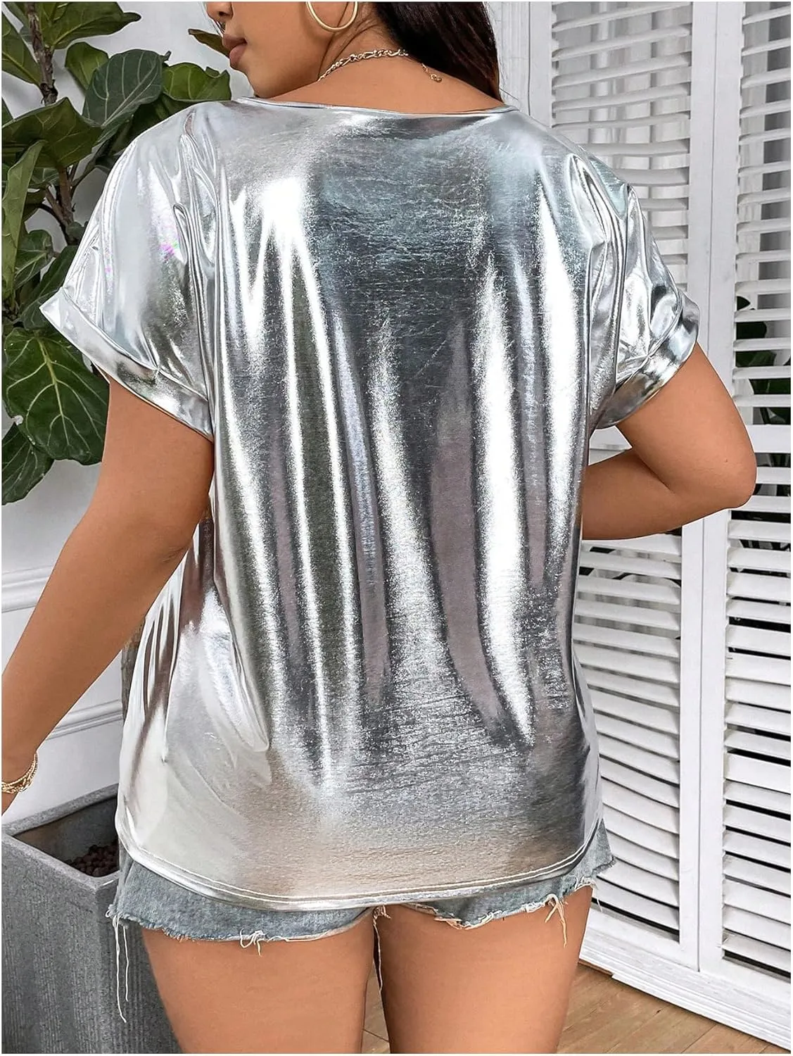 OYOANGLE Women's Plus Size Metallic Short Sleeve T-Shirts Crew Neck Tees Party Clubwear Tops