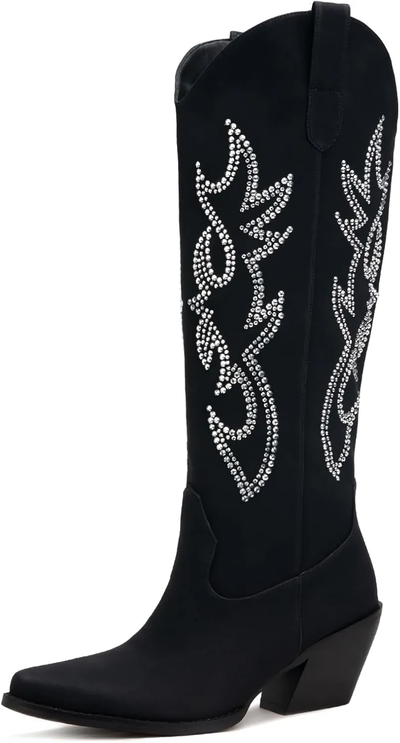 Pasuot Western Cowboy Boots for Women - Knee High Wide Calf Cowgirl Boots with Classic Embroidered, Slip On Pointed Toe Chunky Heel Fashion Retro Classic Pull On Tall Boot for Girls Ladies Fall Winter