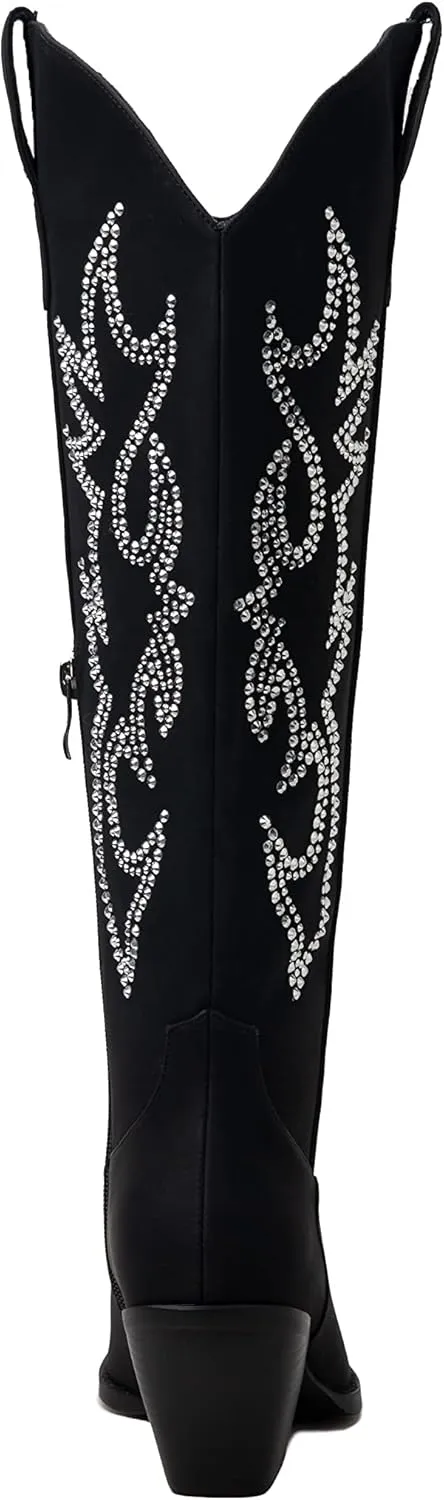 Pasuot Western Cowboy Boots for Women - Knee High Wide Calf Cowgirl Boots with Classic Embroidered, Slip On Pointed Toe Chunky Heel Fashion Retro Classic Pull On Tall Boot for Girls Ladies Fall Winter