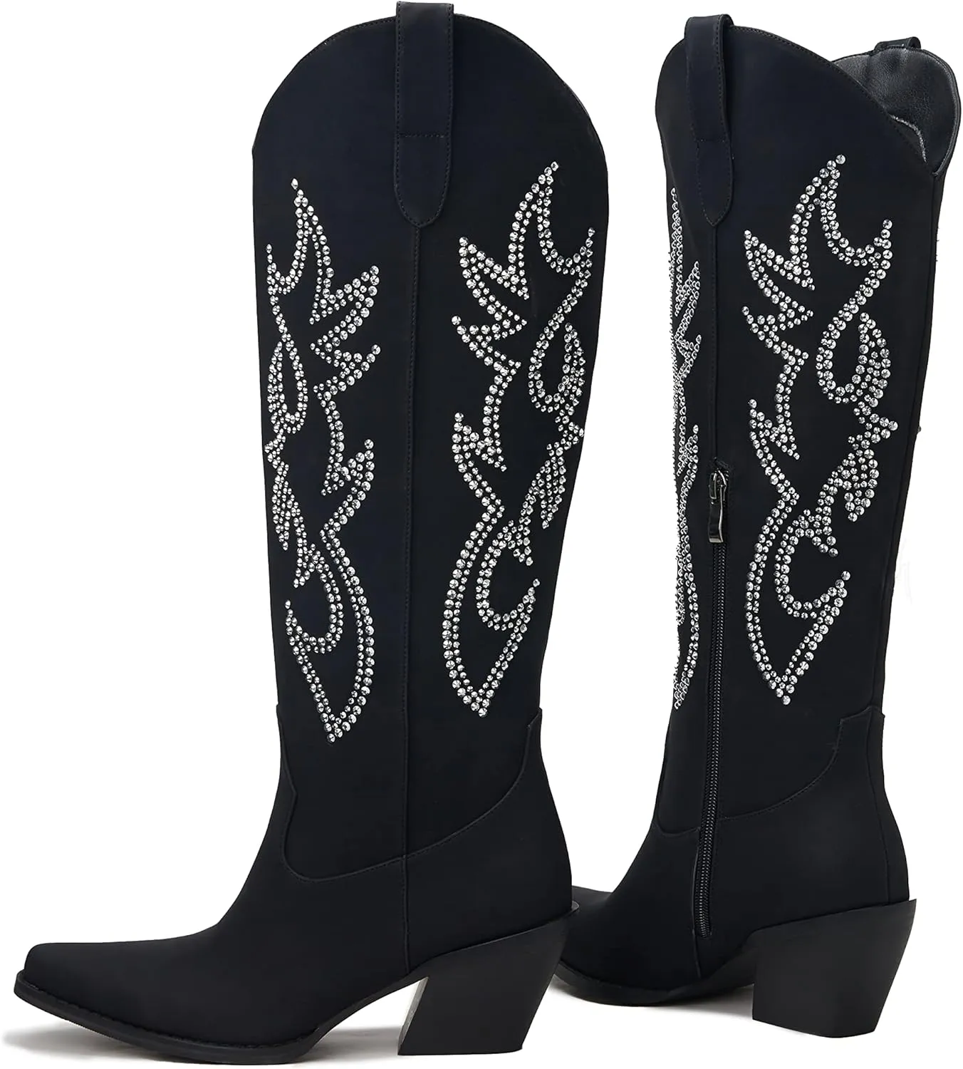 Pasuot Western Cowboy Boots for Women - Knee High Wide Calf Cowgirl Boots with Classic Embroidered, Slip On Pointed Toe Chunky Heel Fashion Retro Classic Pull On Tall Boot for Girls Ladies Fall Winter